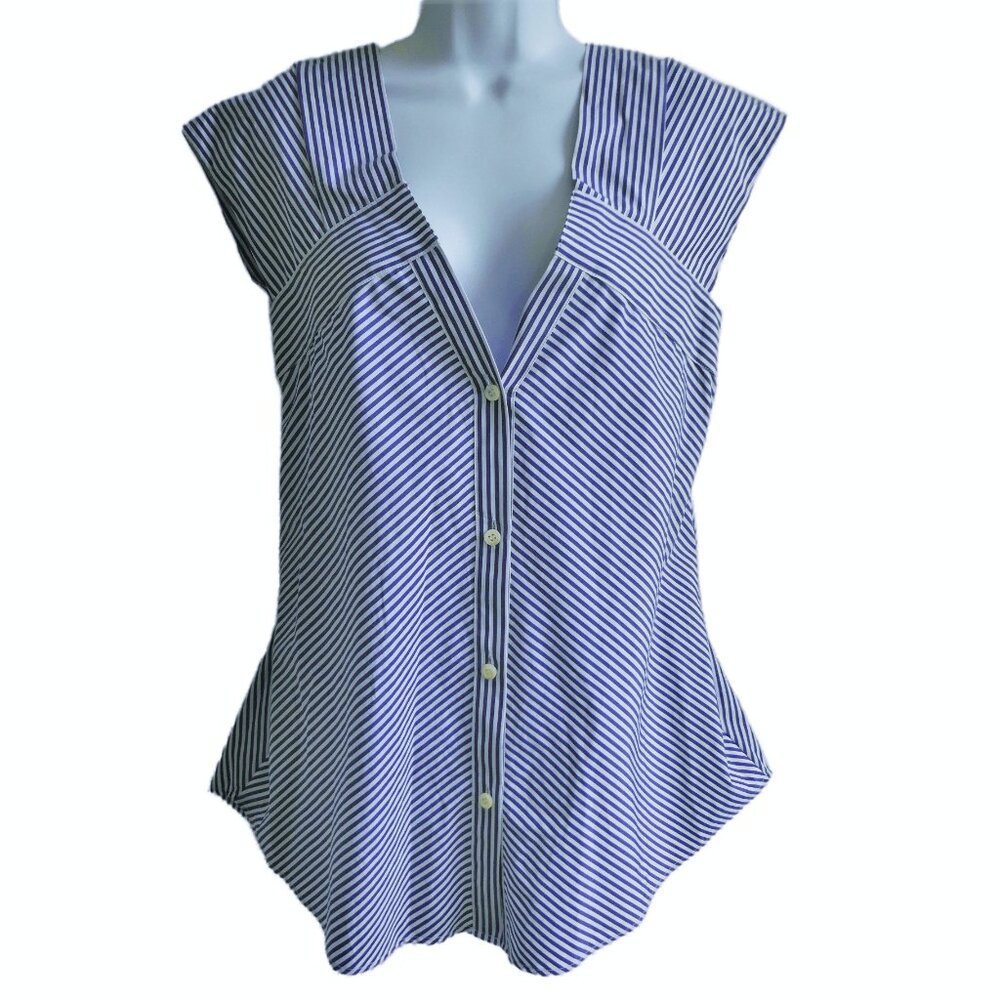 Theory Striped Cotton Top Plunging V Button Front A Line Inverted Back Pleat S